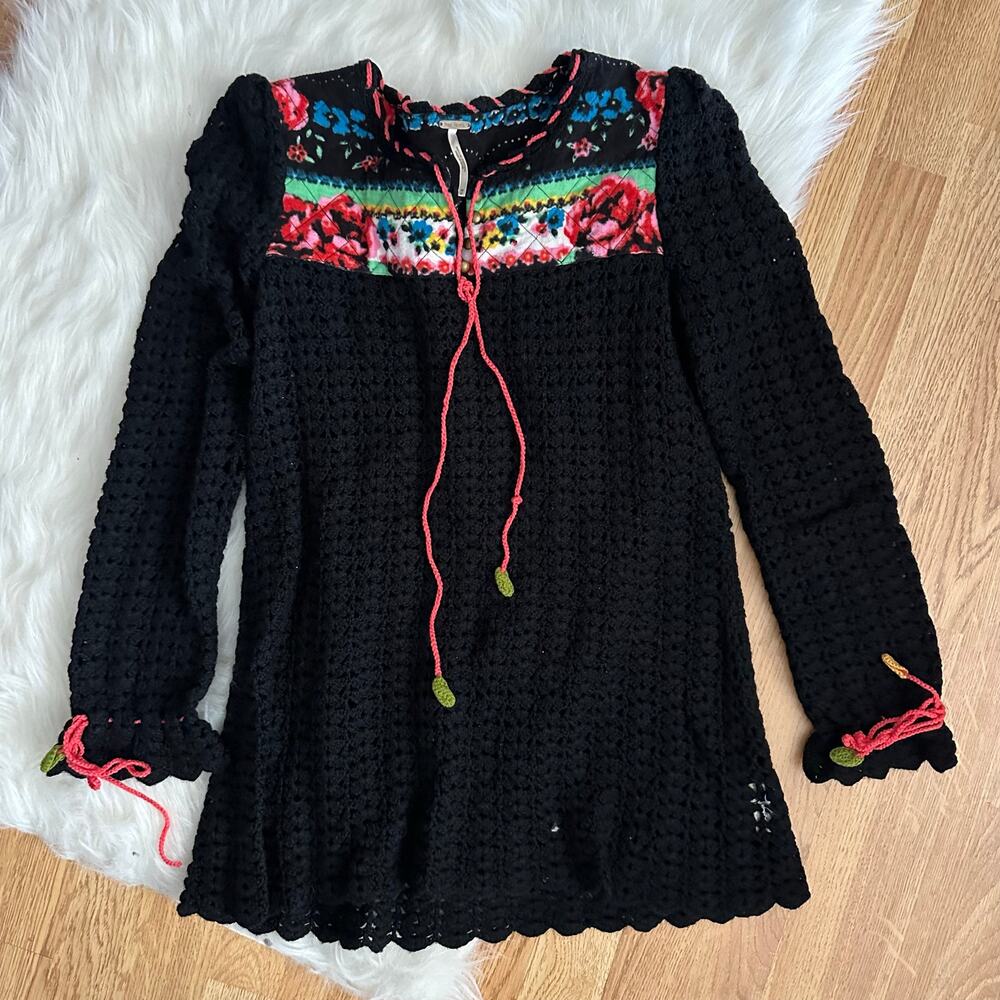 Vintage Free People Crochet Knit Quilted Sweater Black